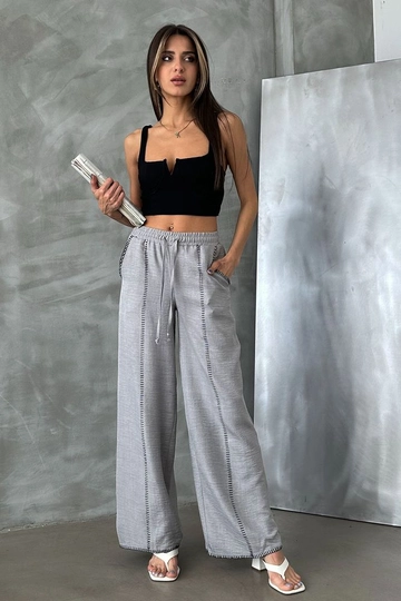 A wholesale clothing model wears  Gray F 1675 Embroidered Linen Tube Leg Trousers
, Turkish wholesale Pants of Topshow