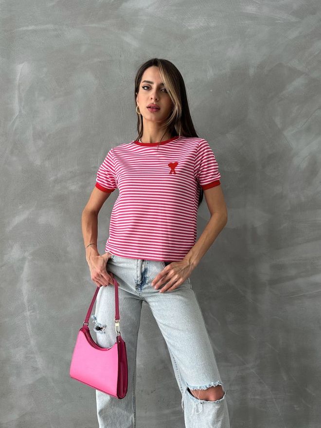 Topshow Fujya Red Embroidered Striped T Shirt Wholesale Clothing Polyester