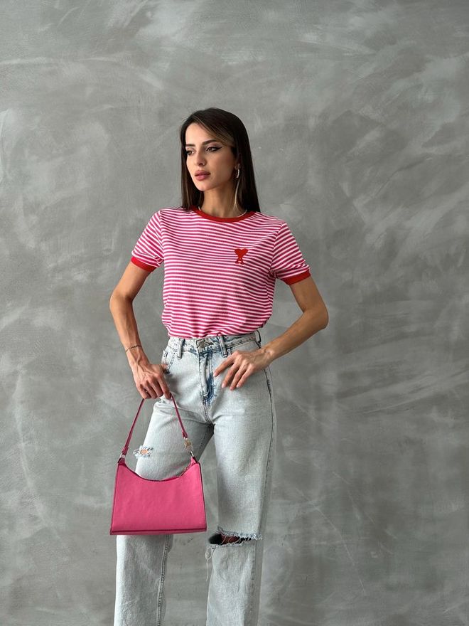 Topshow Fujya Red Embroidered Striped T Shirt Wholesale Clothing Birthday