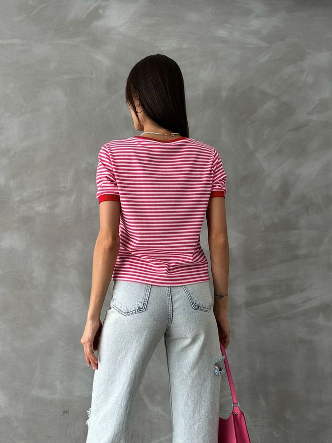 Topshow Fujya Red Embroidered Striped T Shirt Wholesale Clothing Casual