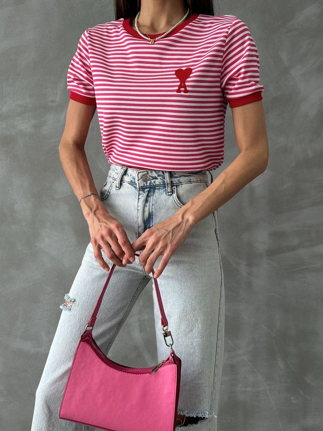 Topshow Fujya Red Embroidered Striped T Shirt Wholesale Clothing Summer