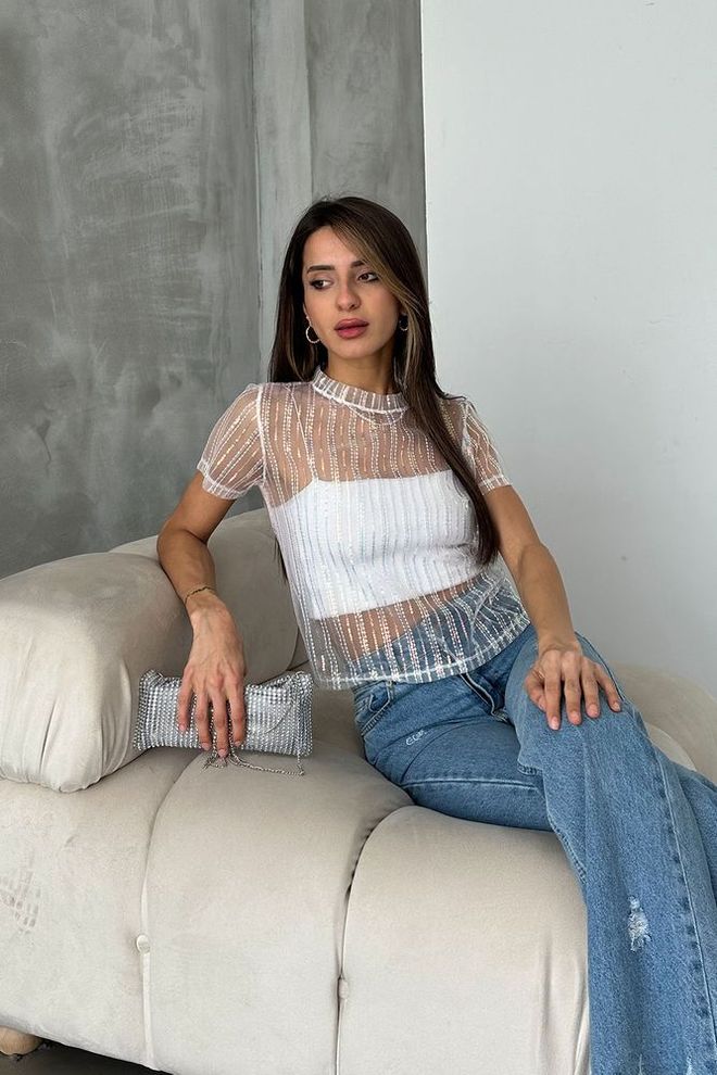 Topshow Cream Sequin Tulle T Shirt Wholesale Clothing Elegant