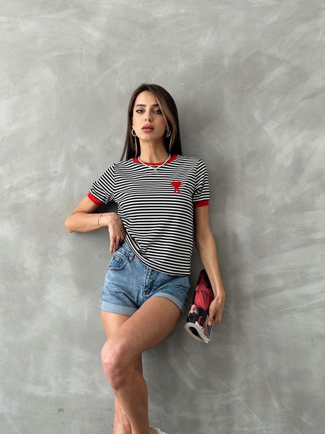 Topshow Black Red Embroidered Striped T Shirt Wholesale Clothing Birthday