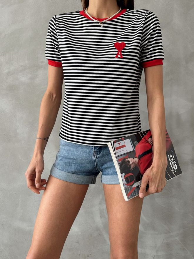 Topshow Black Red Embroidered Striped T Shirt Wholesale Clothing Summer