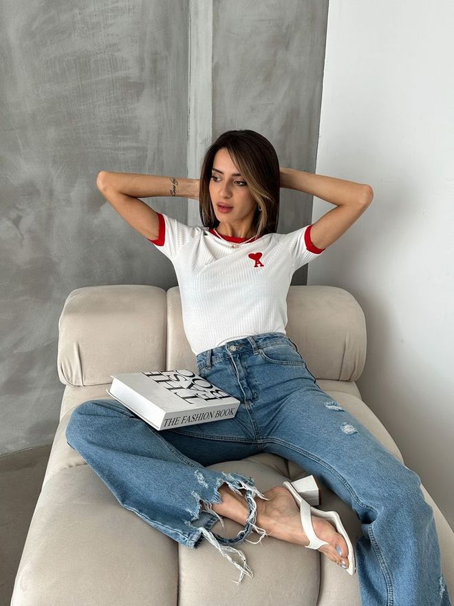 Topshow Krem Kırmızı Nakışlı Tişört Toptan Giyim Pamuk