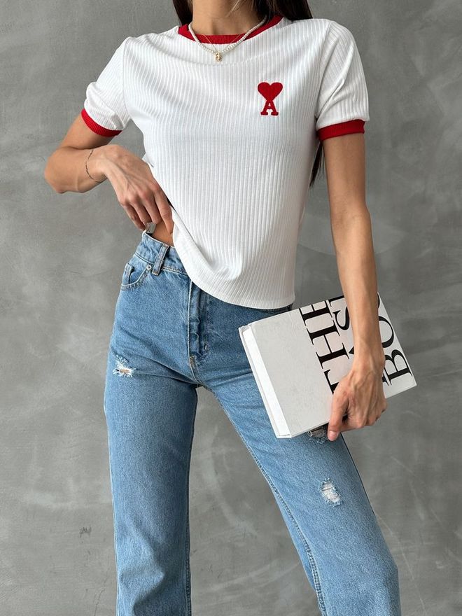 Topshow Krem Kırmızı Nakışlı Tişört Toptan Giyim Yaz