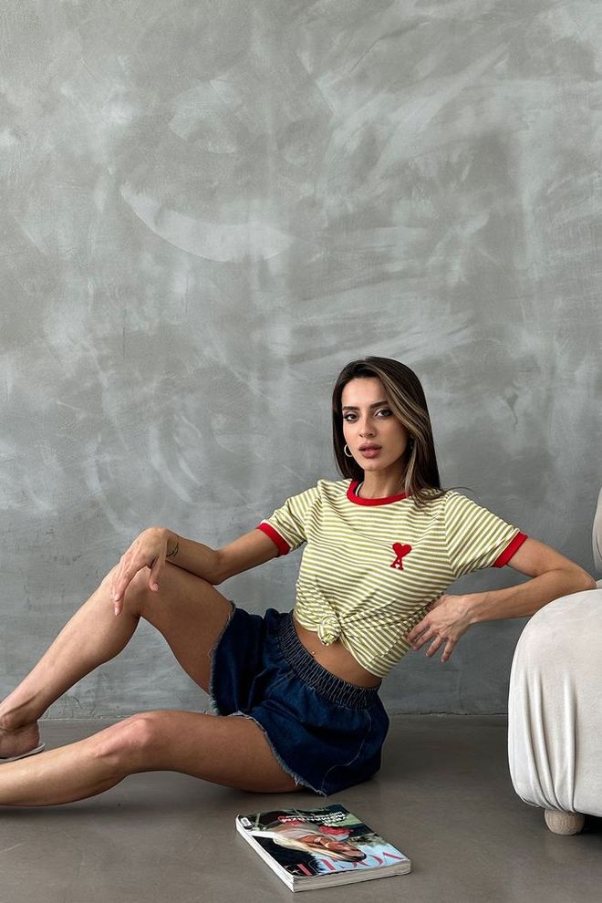 Topshow T shirt A Righe Ricamate Rosso Arachidi Abbigliamento all'ingrosso Casuale