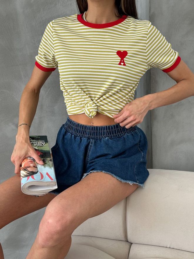 Topshow Peanut Red Embroidered Striped T Shirt Wholesale Clothing Summer