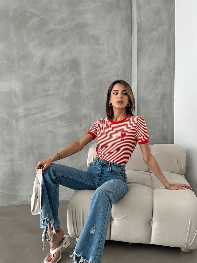 Topshow Orange Red Embroidered Striped T Shirt Wholesale Clothing Polyester