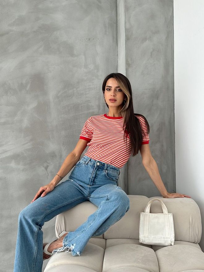 Topshow Orange Red Embroidered Striped T Shirt Wholesale Clothing Birthday