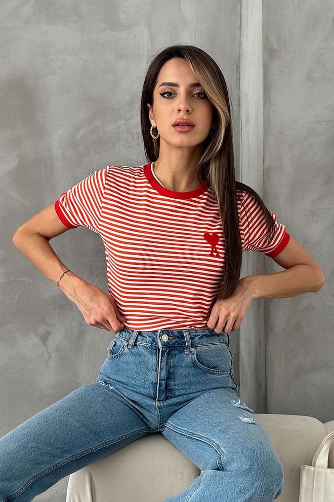 Topshow T shirt A Righe Ricamate Rosso Arancione Abbigliamento all'ingrosso Casuale
