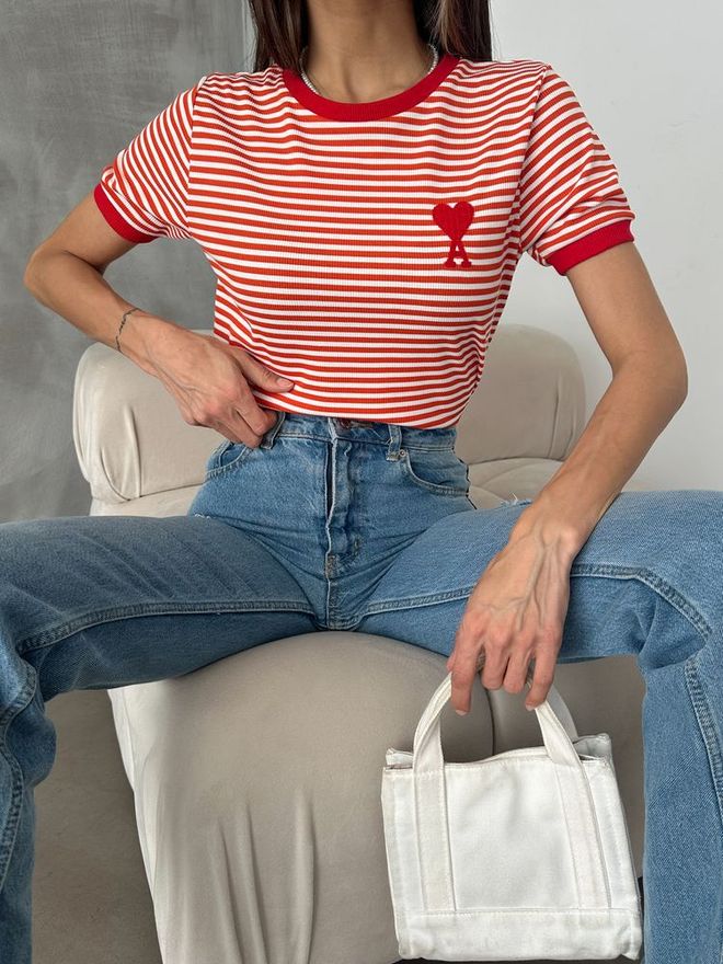 Topshow Orange Red Embroidered Striped T Shirt Wholesale Clothing Summer