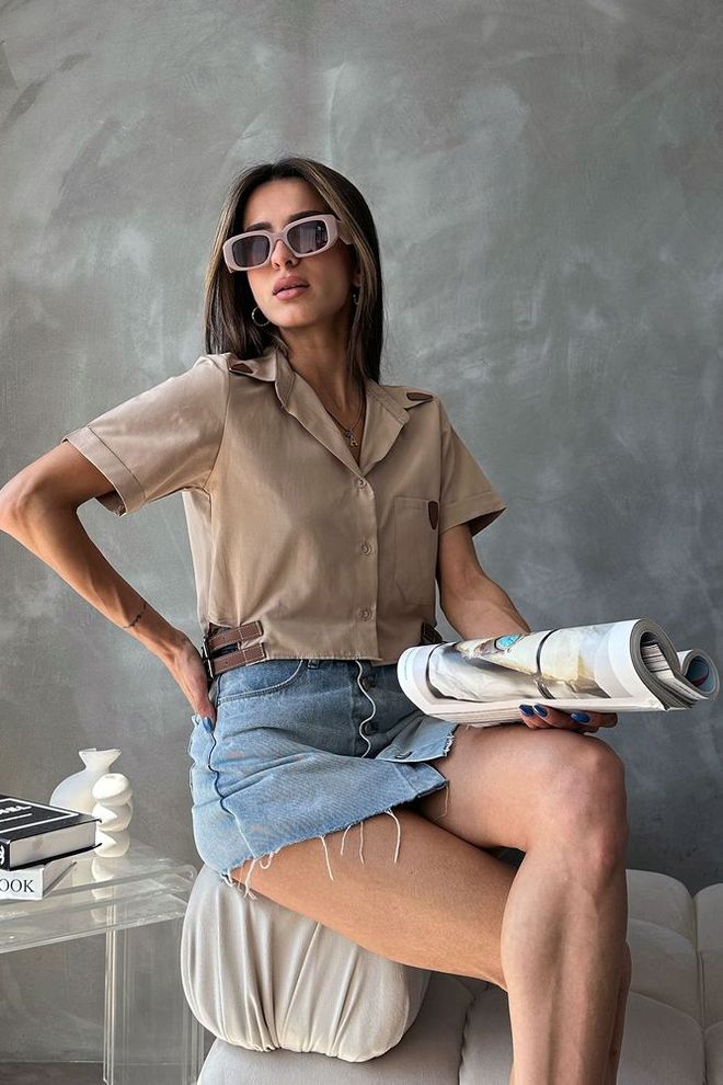 Topshow Stone Belt Detailed Shirt Wholesale Clothing Casual