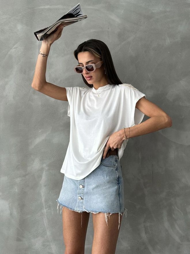 Topshow Camiseta Blanca De Encaje En Los Hombros Ropa al por mayor Verano