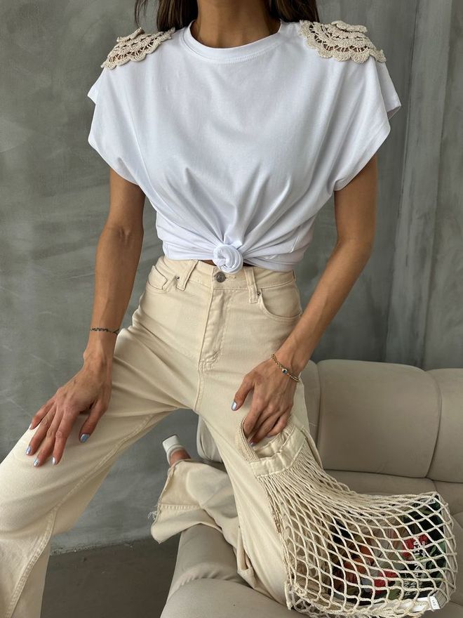 Topshow Camiseta Blanca De Encaje En Los Hombros Ropa al por mayor Elegante