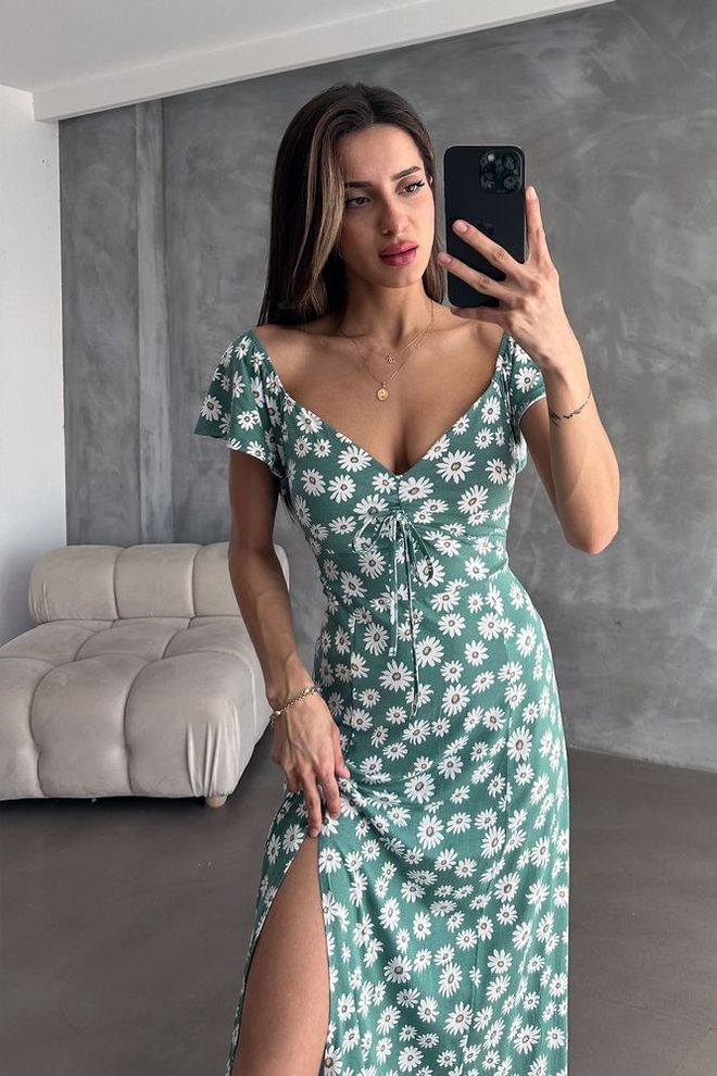 Topshow Çağla D 2714 Рокля С Щампа На Цветя Дрехи на едро Небрежен