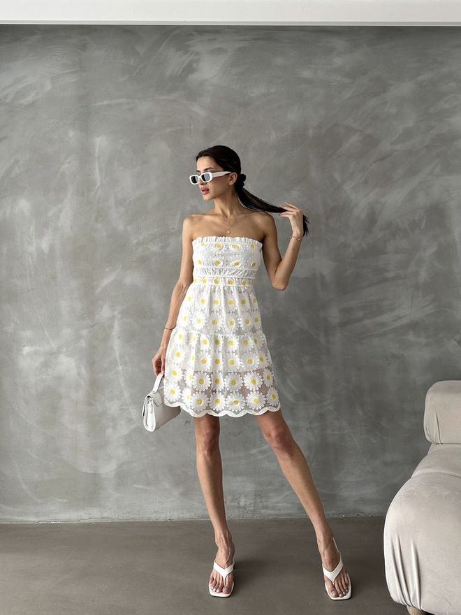 Topshow Cream Daisy D 2712 Daisy Embroidered Dress Wholesale Clothing Polyester