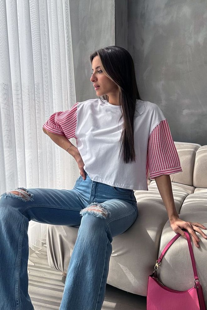 Topshow Camiseta Manga Popelina Rayas Fucsia Blanca Ropa al por mayor Poliéster