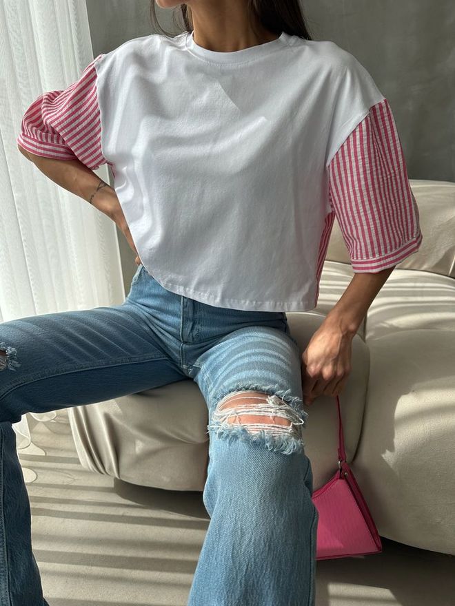 Topshow Camiseta Manga Popelina Rayas Fucsia Blanca Ropa al por mayor Verano