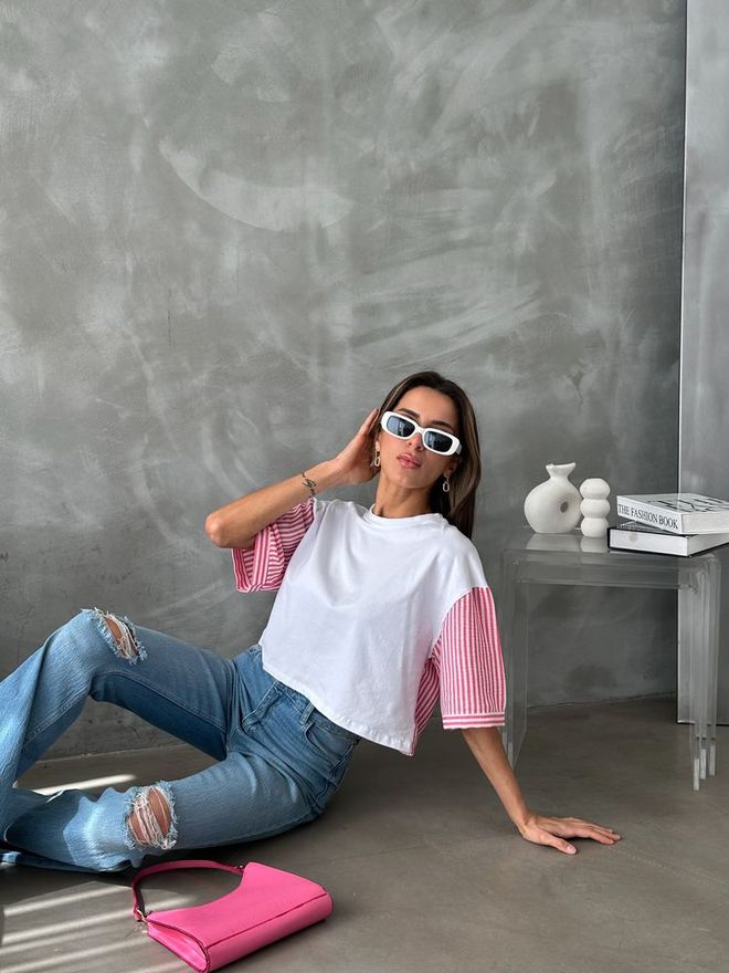 Topshow Camiseta Manga Popelina Rayas Fucsia Blanca Ropa al por mayor Cumpleaños