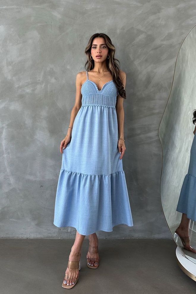 Topshow Blue Linen Strappy V Neck Floor Length Dress Wholesale Clothing Casual