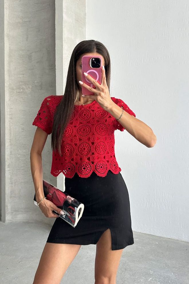 Topshow Μπλούζα Βραδινό Φόρεμα Κόκκινο Guipure Χονδρικό εμπόριο ενδυμάτων Casual