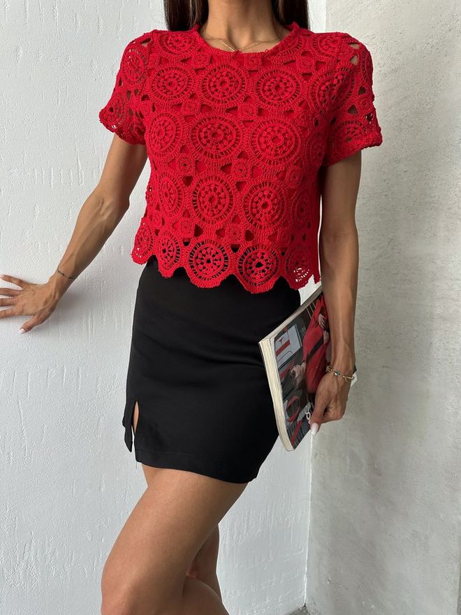 Topshow Blusa Vestido De Noite Guipura Vermelha Roupas por atacado Primavera