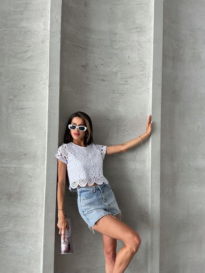 Topshow Blusa Vestido De Noite Guipura Branca Roupas por atacado Primavera