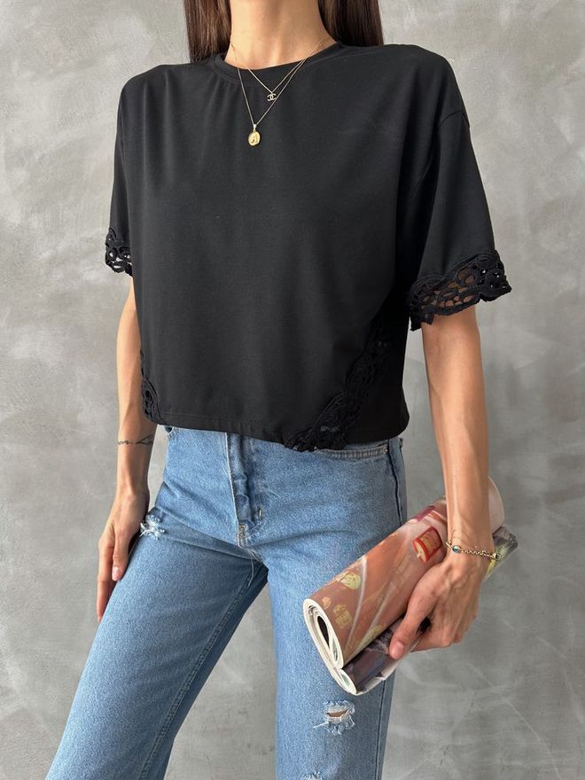 Topshow Camiseta Detalhado Em Renda Preta Roupas por atacado Casual