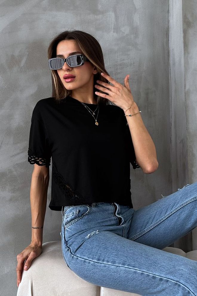 Topshow T shirt Con Dettagli In Pizzo Nero Abbigliamento all'ingrosso Abbigliamento di strada