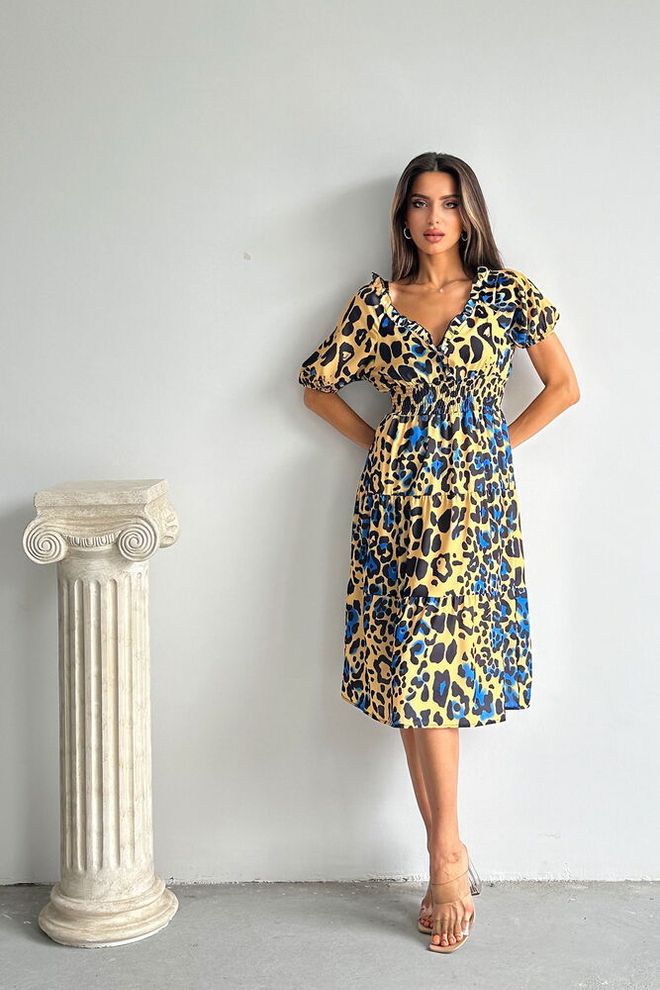 Topshow Leopard Saks Patterned Long Dress Wholesale Clothing Casual