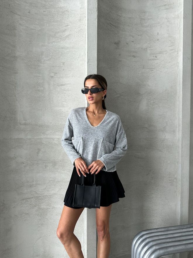 Topshow Grey Shepherd Stitched Knit Blouse Wholesale Clothing Casual