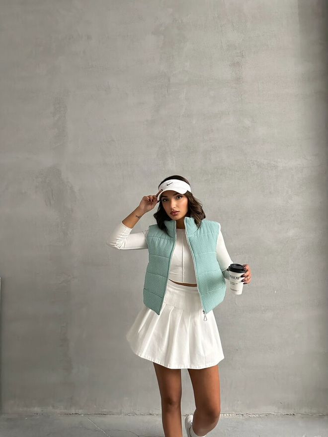 Topshow Gingham Pattern Fiber Puffer Vest Emerald Wholesale Clothing Cotton