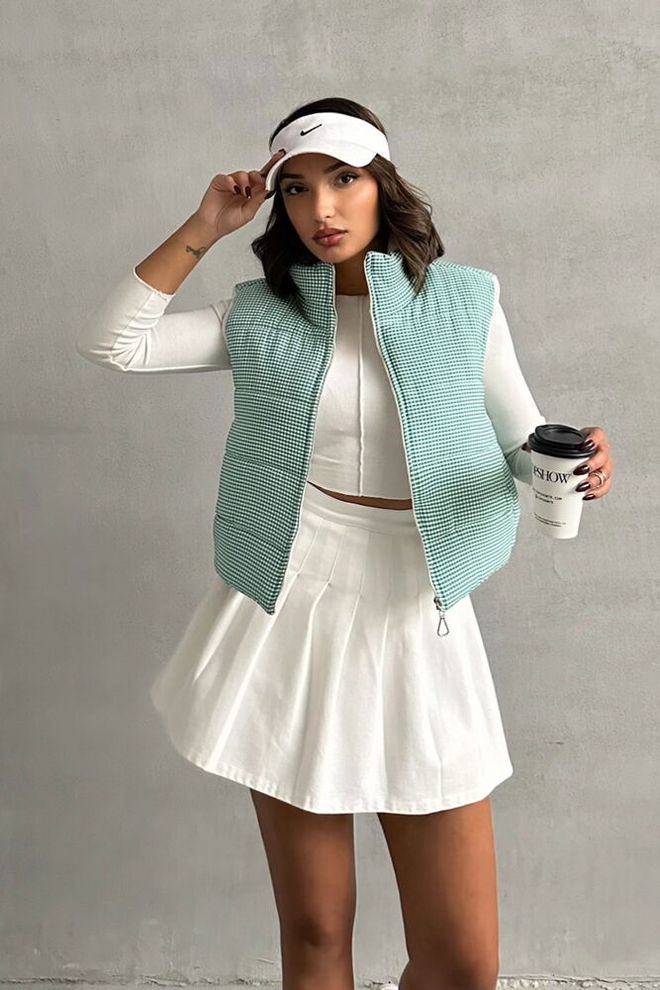Topshow Gingham Pattern Fiber Puffer Vest Emerald Χονδρικό εμπόριο ενδυμάτων Casual