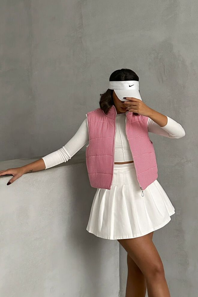 Topshow Gingham Pattern Fiber Puffer Vest Φούξια Χονδρικό εμπόριο ενδυμάτων Casual