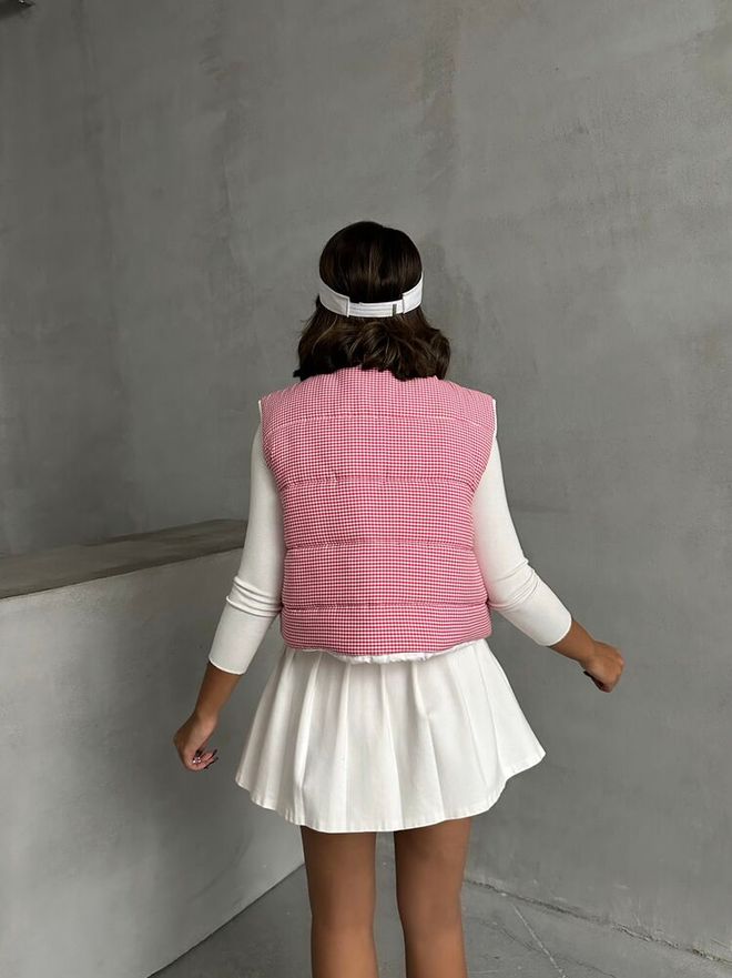 Topshow Gingham Pattern Fiber Puffer Liemenė – Fuksijos Spalvos Didmeninė prekyba drabužiais Flisinis švarkas