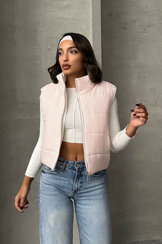 Topshow Γιλέκο Gingham Pattern Fiber Puffer Ανοιχτό Ροζ Χονδρικό εμπόριο ενδυμάτων Casual