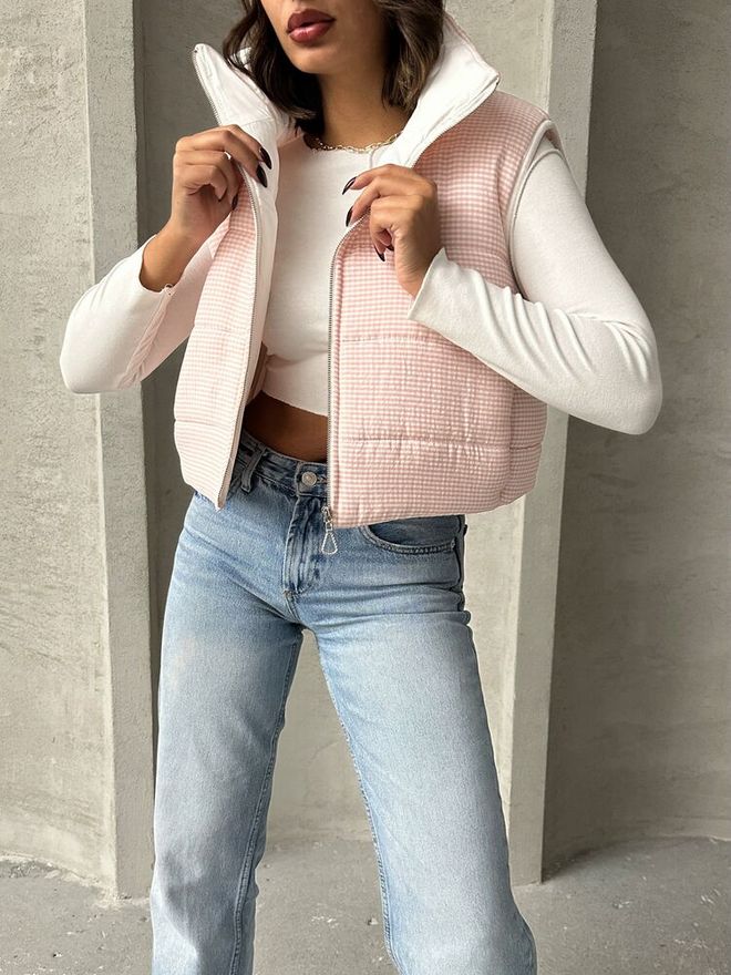 Topshow Gingham Pattern Fiber Puffer Vest Light Pink Wholesale Clothing Streetwear