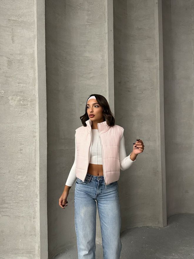 Topshow Gingham Pattern Fiber Puffer Vest Light Pink Wholesale Clothing Cotton