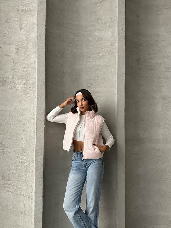 Topshow Gingham Pattern Fiber Puffer Vest Light Pink Wholesale Clothing Birthday