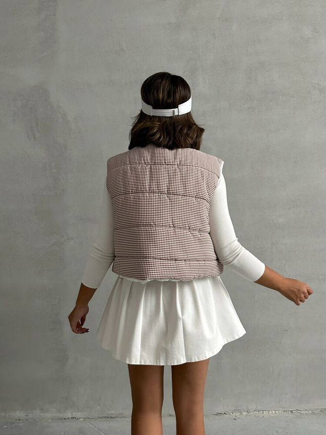 Topshow Gingham Pattern Fiber Puffer Vest Brown Wholesale Clothing Streetwear