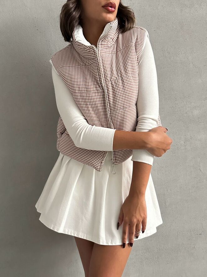 Topshow Gingham Pattern Fiber Puffer Vest Brown Wholesale Clothing Spring