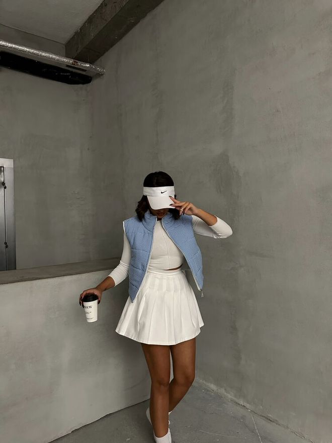 Topshow Gingham Pattern Fiber Puffer Vest Blue Wholesale Clothing Cotton