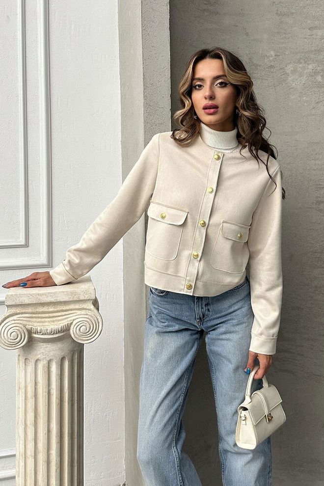 Topshow Suede Jacket With Pocket Details Stone Wholesale Clothing Casual