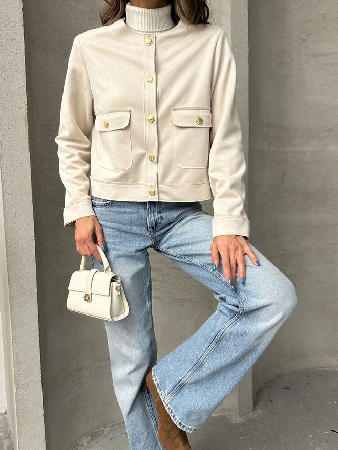 Topshow Suede Jacket With Pocket Details Stone Wholesale Clothing Spring