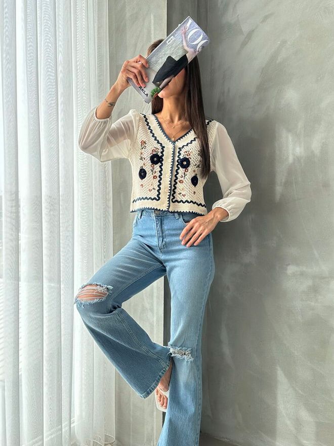 Topshow Cárdigan Corto Al Por Mayor Con Botones Azul Piedra Ropa al por mayor Cumpleaños