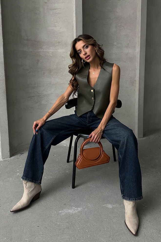 Topshow Button Detailed Leather Vest Khaki Wholesale Clothing Casual