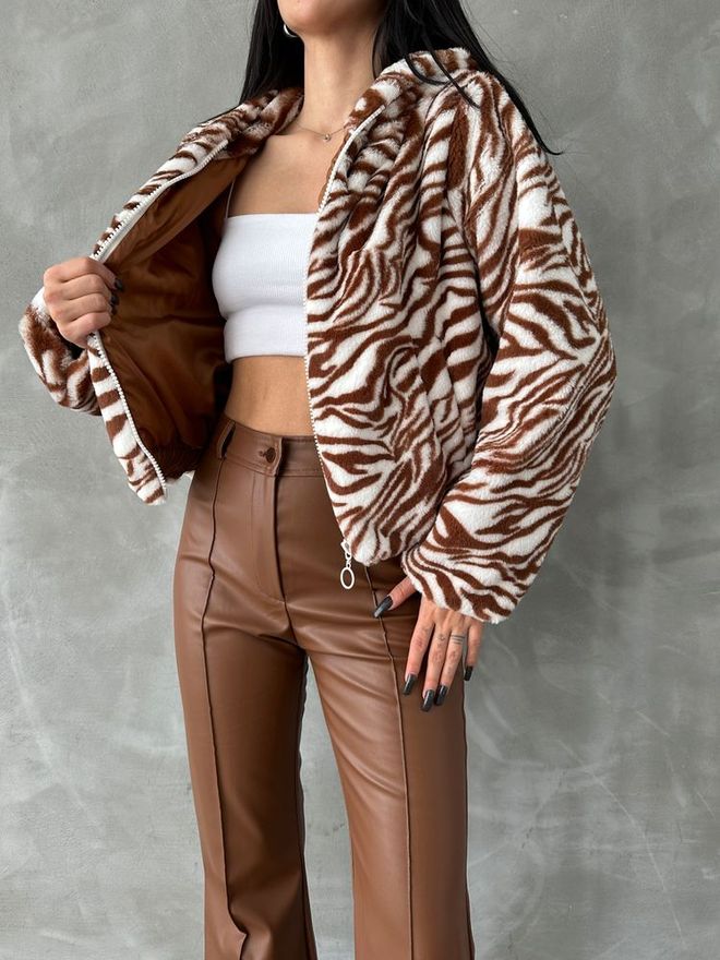 Topshow Zebra Printed Plush Coat Ecru & Brown Wholesale Clothing Fall