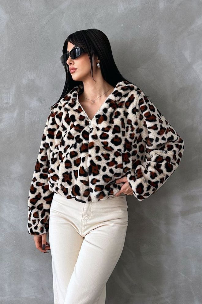 Topshow Palton De Pluș Cu Imprimeu Leopard Piatră Și Maro Îmbrăcăminte cu ridicata Poliester
