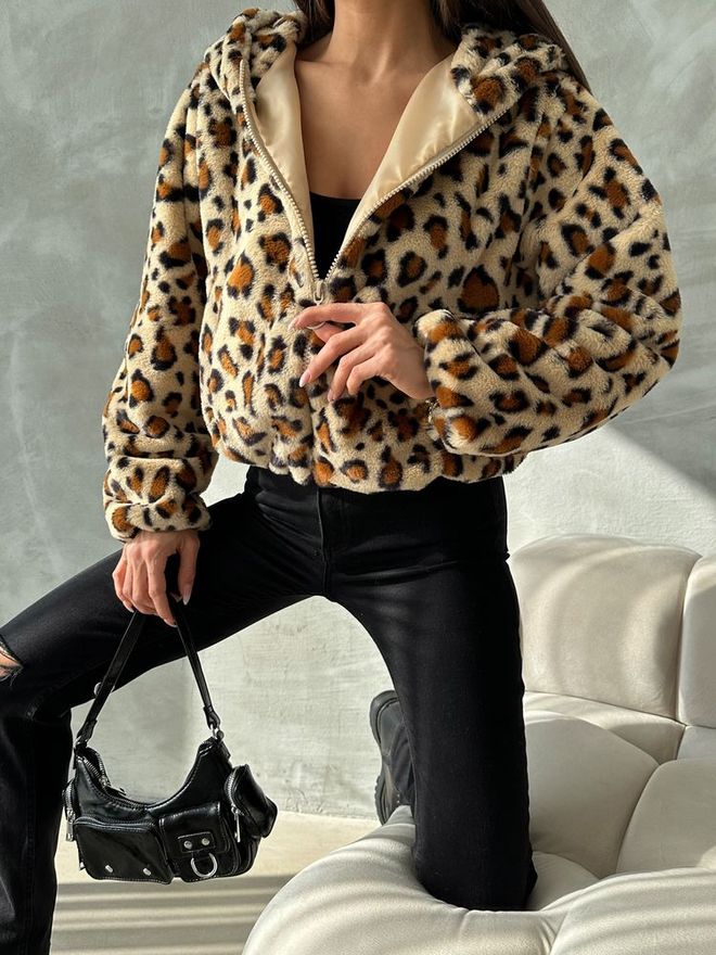 Topshow Leopard Look Plush Coat Dark Stone & Brown Wholesale Clothing Fall